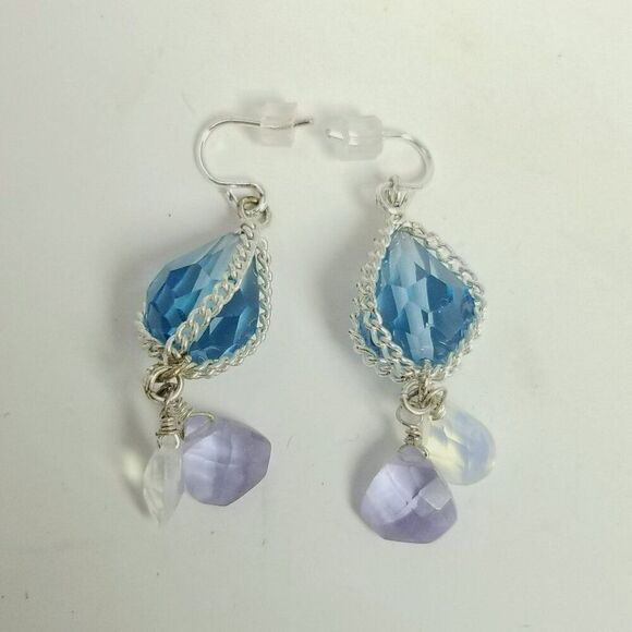 Vintage Blue Beaded Dangle Earrings, Silver Tone Setting, Tiny Hooks, Estate - Picture 2 of 6